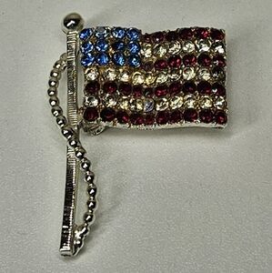 Vintage Dodds Silver Tone USA Flag Red White Blue Rhinestone Pin Brooch, Fashion